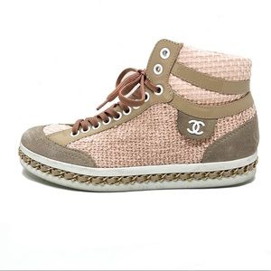 CHANEL Pink Tweed Classic Chain Sneakers 36.5